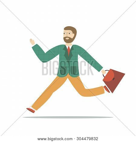 Young Businessman With Briefcase Running Fast. Business Concept. Vector Illustration.