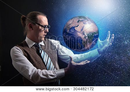 Funny Scientist Looking To Universe And Planet Earth