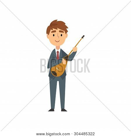 Boy Domra Player, Talented Young Musician Character Playing Acoustic Musical Instrument At Concert O