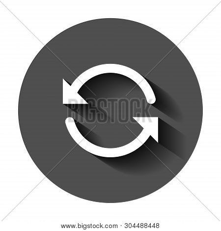 Arrow Rotation Icon In Flat Style. Sync Action Vector Illustration On Black Round Background With Lo