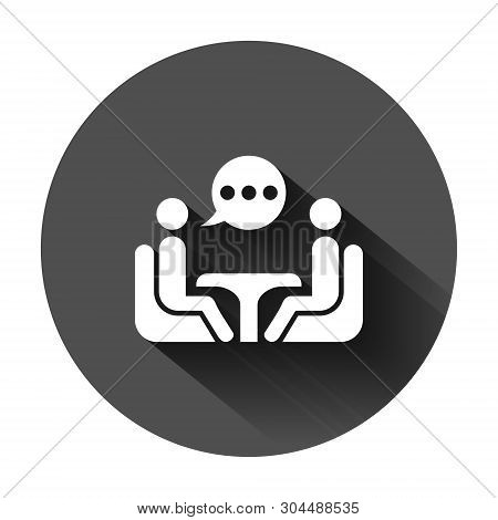 Business Consulting Icon In Flat Style. Two People With Table Vector Illustration On Black Round Bac