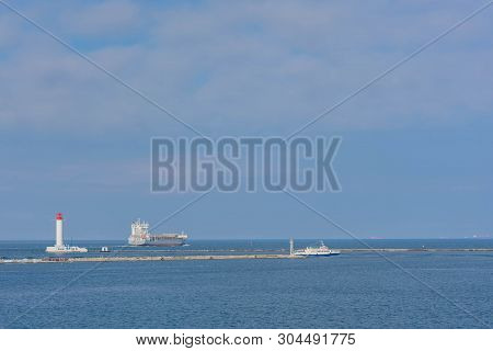 Odessa Commercial Sea Port And Marine Station.sea Entrance To The Port, Yachts, Cargo Ships And Ligh
