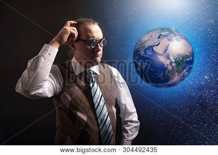 Funny Scientist Looking To Universe And Planet Earth