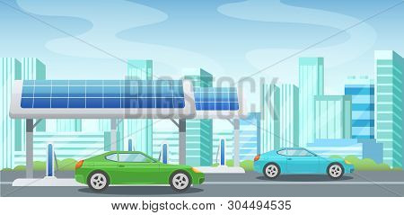 Solar Panels, Alternative Energy, Gas Station, Charging Cars From Electricity.