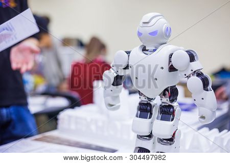 Moscow, Russia - October 12, 2018: Science Festival - Portrait Of Humanoid Futuristic Robot At Techn