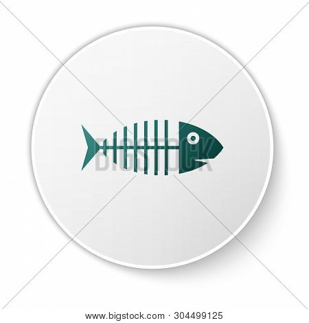 Green Fish Skeleton Icon Isolated On White Background. Fish Bone Sign. White Circle Button. Vector I