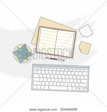 Flat Lay With Open Book, Keyboard And Stickers, Mockup Isolated