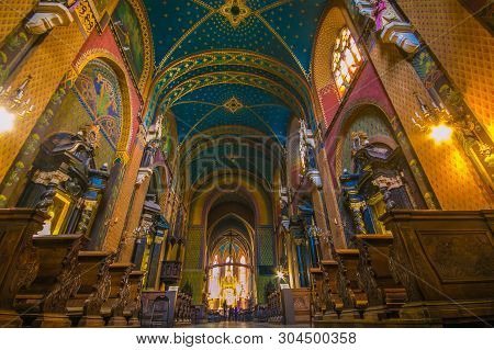 Krakow, Poland - March 9, 2018: Interior Of Church Of St Francis Of Assisi Boasts Beautiful Colorful