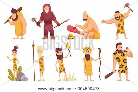 Primitive People In Stone Age Cartoon Icons Set With Cavemen Pelt With Weapon And Ancient Animals Is
