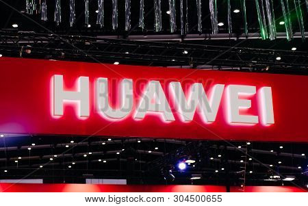 Bangkok, Thailand - June 02, 2019 : Huawei Logo In Thailand Mobile Expo 2019 , Huawei Is Chinese Com