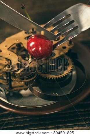 Food For Youth. Food Time. Old Age Concept. Sweet Mature, Hands With Fork And Knife, Table Etiquette