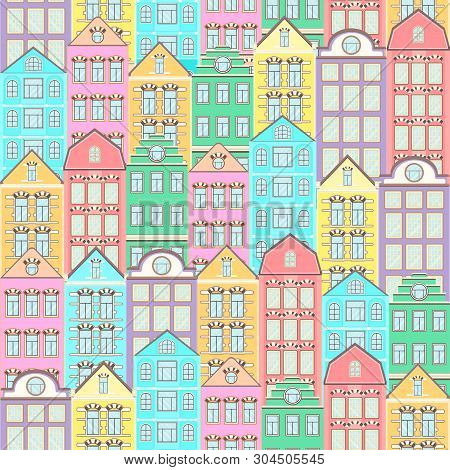Colorful Houses Seamless Pattern, City Background, Urban Landscape. Multicolored Bright European Bri