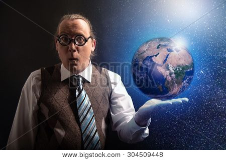 Funny Scientist Looking To Universe And Planet Earth