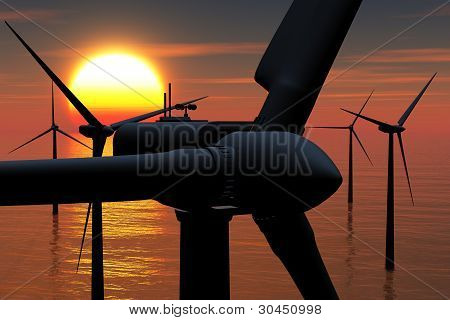 Windfarm v moři při západu slunce 3D render