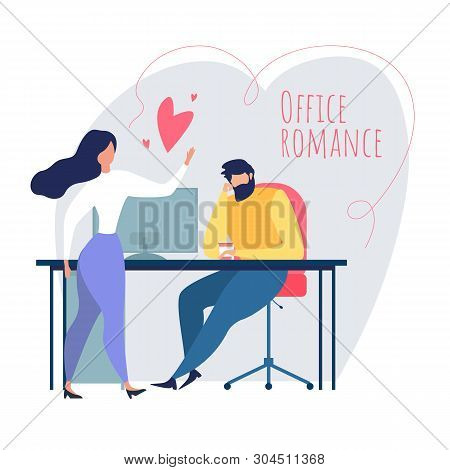 Cartoon Man At Office Table, Woman Flirt. Love Relationship At Work Vector Illustration. Colleague D