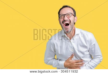Handsome middle age elegant senior business man wearing glasses over isolated background Smiling and laughing hard out loud because funny crazy joke. Happy expression.