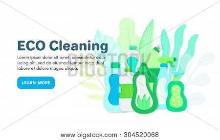 Vector Background With Eco Friendly Household Cleaning Supplies. Natural Detergents. Landing Page Te