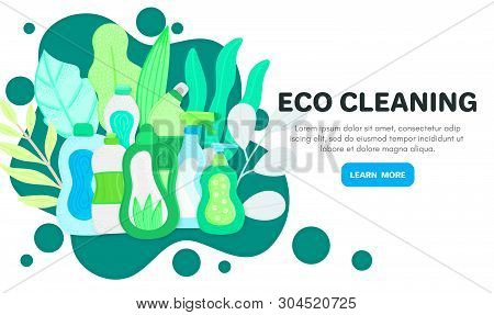 Vector Background With Eco Friendly Household Cleaning Supplies. Natural Detergents. Landing Page Te