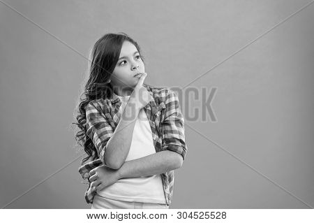 Daydreaming Concept. Kid Thoughtful Face Make Decision. Child Cute Curly Hair Thinking. Hard Decisio