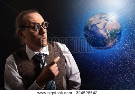 Funny Scientist Looking To Universe And Planet Earth