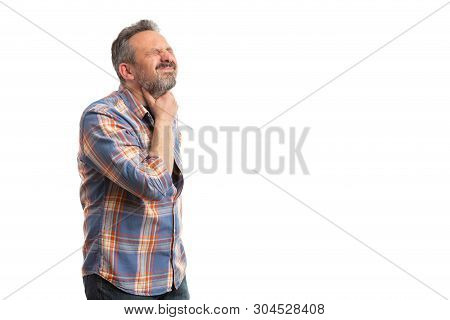 Man Touching Neck As Sore Throat Or Flu Concept With Blank Copy Text Area For Advertising Isolated O