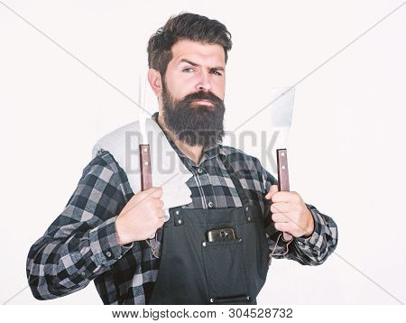 Barbecue Master. Bearded Hipster Wear Apron For Barbecue. Roasting And Grilling Food. Man Hold Cooki