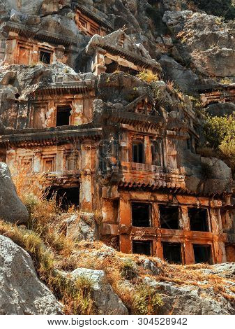 Lycian Tombs Of Mira Ancient Tombs In The Rock Lycian Culture Close-up Photo
