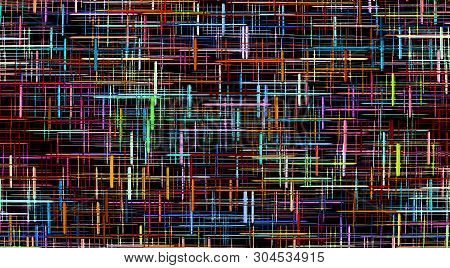 Multicolored Grid And Checkered Pattern On Black As Abstract Background. Digitally Generated Image.