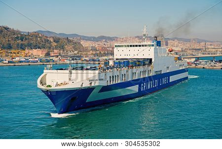 Barcelona, Spain - March 30, 2016: Ferry Ship Grimaldi Lines In Sea. Ferry Trip. Travelling By Sea O