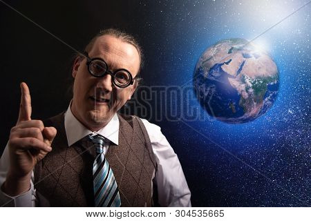 Funny Scientist Looking To Universe And Planet Earth