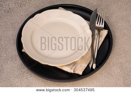 Template With Empty Space For Advertising Design. Black Wooden Tray Served By Fork And Knige And Tab