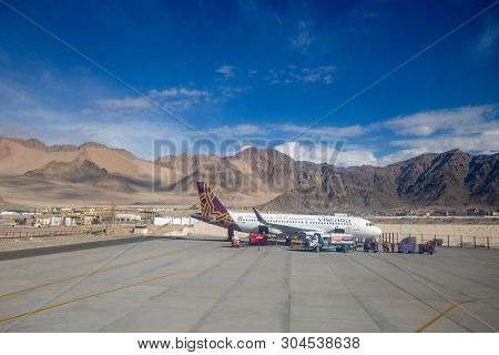 Leh Ladakh, India - April 2019 : Vistara Aviation Airplane Has Been Arrived In Leh Airport With Clea
