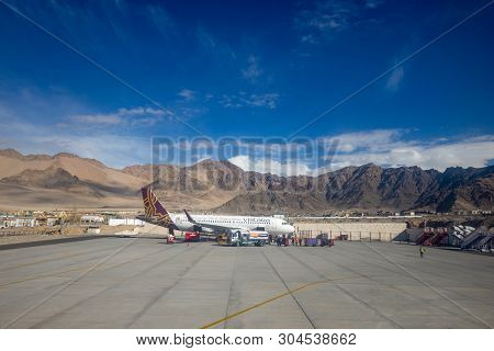 Leh Ladakh, India - April 2019 : Vistara Aviation Airplane Has Been Arrived In Leh Airport With Clea