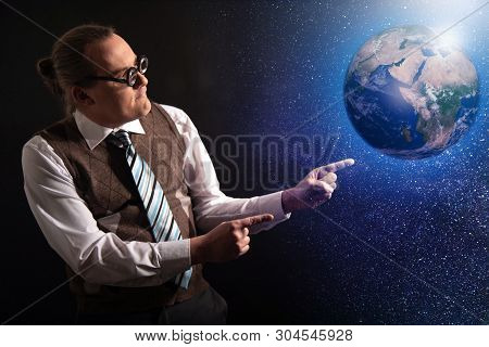 Funny Scientist Looking To Universe And Planet Earth