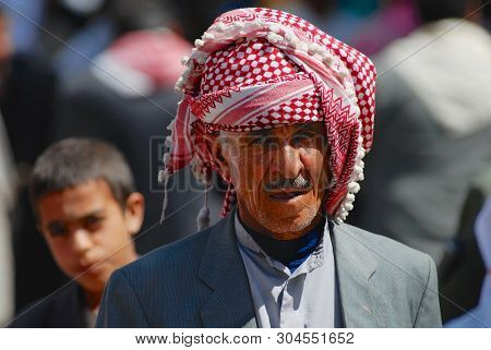Aden, Yemen - September 14, 2006: Portrait Of Unidentified Senior Man Wearing Traditional Head Scarf