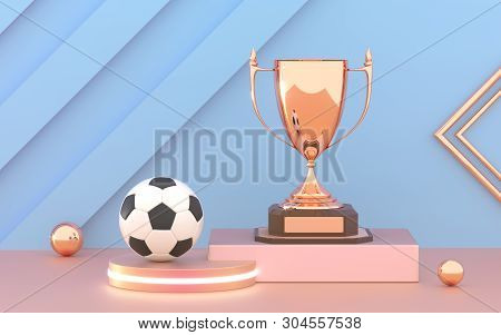 Golden Trophy Cup With Soccer Ball On The Podium. Winner Cup And Football Ball. Shiny Golden Trophy 
