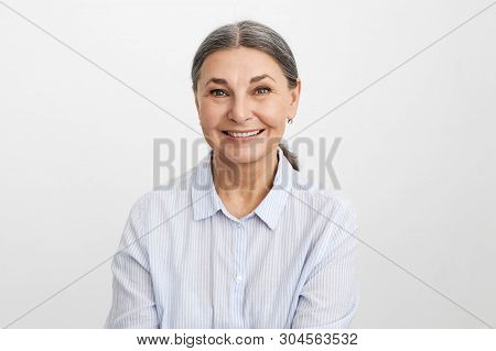 People, Age, Business And Elegance. Attarctive Cheerful Gray Haired Mature Businesswoman Rejoicing A