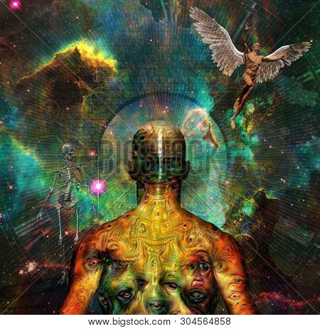 Surrealism. Figure of man with weird demonic eyes on his skin stands before vivid universe. Sketeton symbolizes death. Man with wings symbolizes angel. 3D rendering