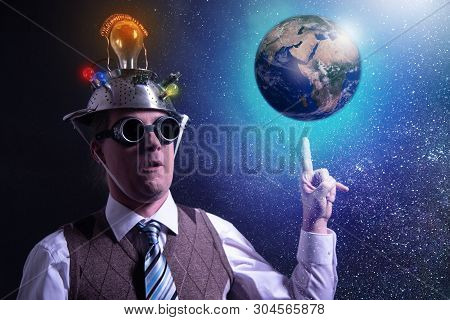 Funny Scientist Looking To Universe And Planet Earth