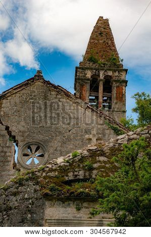 The Ruins Of An Old Abandoned Catholic Church Stara Zupna Crkva On Mount Vrmac, The Town Of Prcanj, 