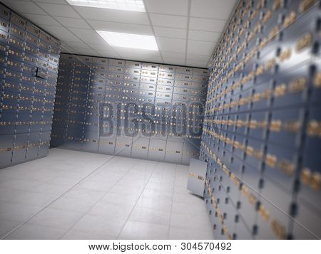 Safe deposit boxes room inside of a bank vault. 3d illustration