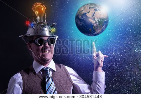 Funny Scientist Looking To Universe And Planet Earth