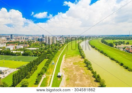 Aerial View Of Zagreb, Croatia, Sava River From Air, City Skyline, Green Landscape On Summer Day