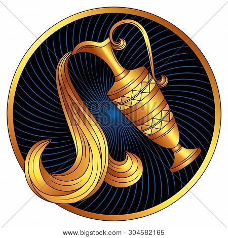 Aquarius Golden Zodiac Sign, Astrological Icon, Horoscope Symbol. Gold. Antique Amphora. Stylized Gr