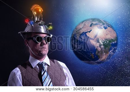 Funny Scientist Looking To Universe And Planet Earth
