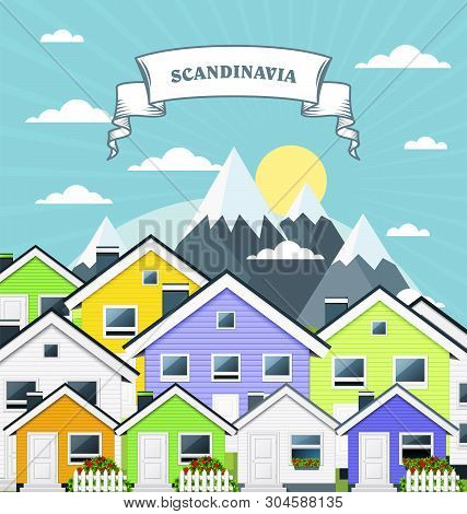 Small Village In Norway, Scandinavia - Variegated Country Town Houses And Mountains