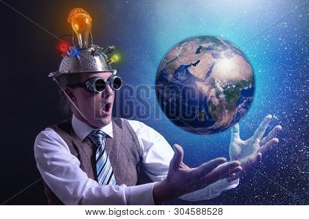 Funny Scientist Looking To Universe And Planet Earth