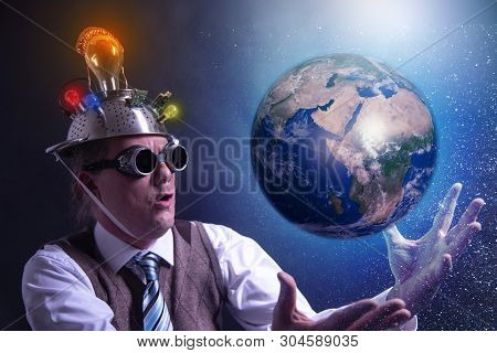 Funny Scientist Looking To Universe And Planet Earth