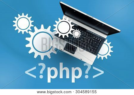 Php Programming Language. Laptop On Php Tag
