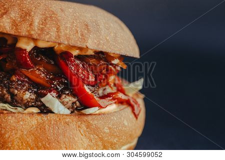 Burger Flyer. Cheese Burger With Grilled Meat, Cheese, Salad And Onion Rings. Close-up Of Delicious 